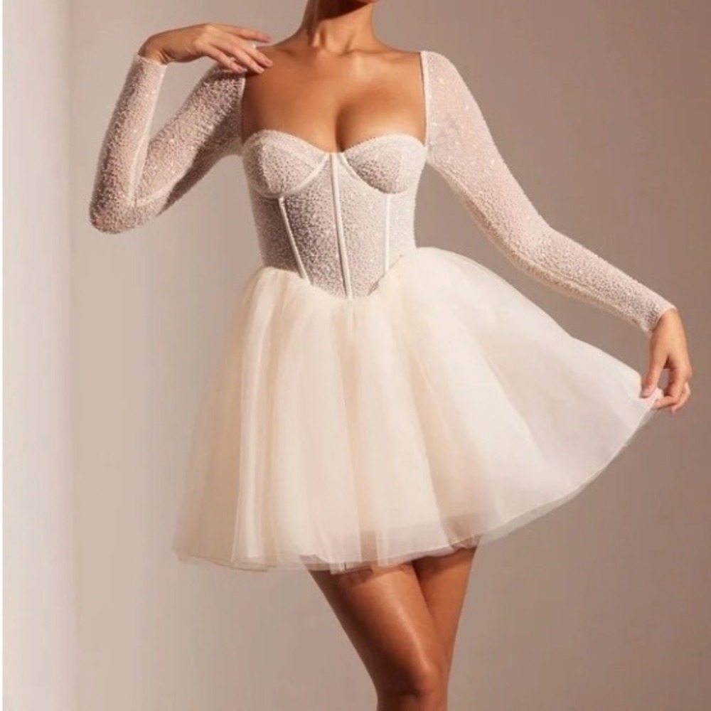 Oh Polly Cream Mini Dress with Sheer Sleeves